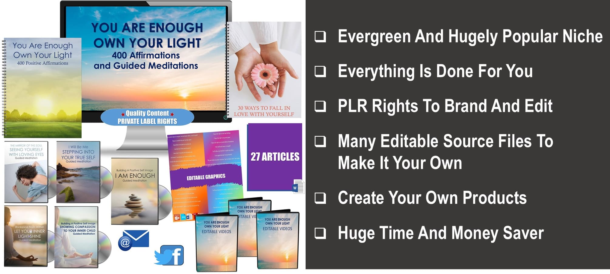 400 Affirmations + Guided Meditations: You Are Enough - Own Your Light PLR