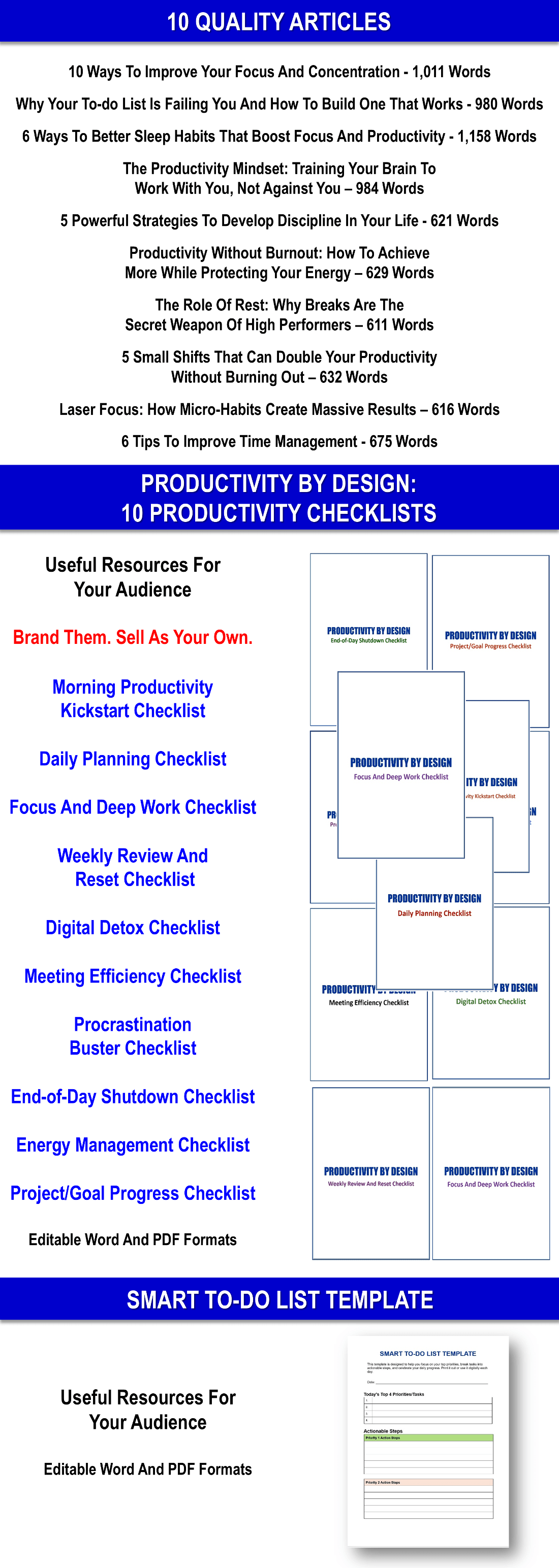 10 Productivity & Focus Articles, 10 Productivity Checklists + To-Do List PLR